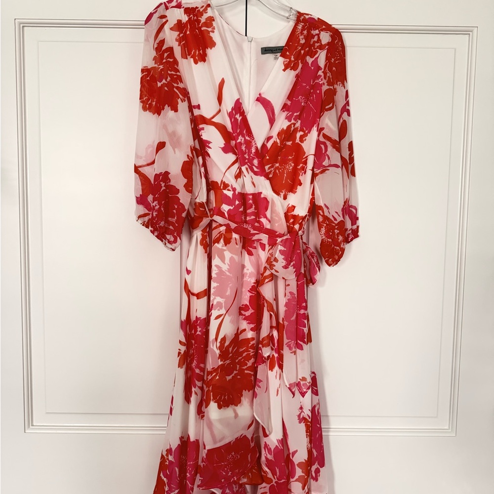 Danny & Nicole Floral Wrap Dress Pink and Red Chiffon Midi Fit Flare Size 12P